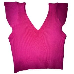 Thinkable Womens Ribbed Flutter Sleeve V-Neck Knit Crop Top Hot Pink Size M